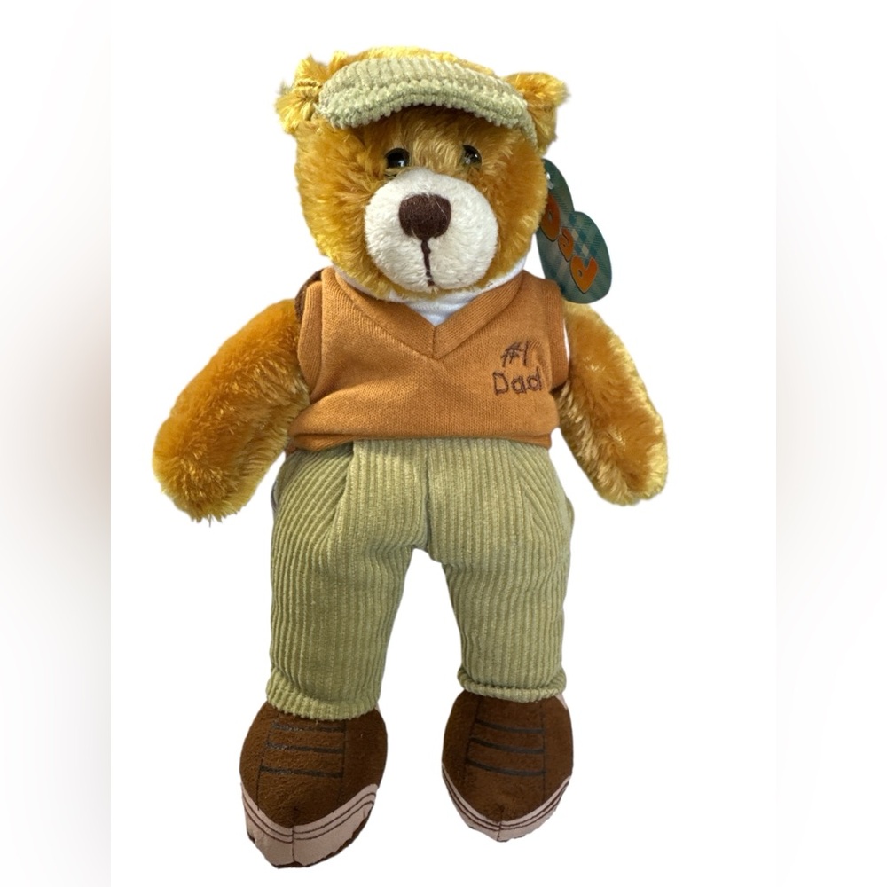 Plushland Golf Dad Teddy Bear Plush 9” Vintage Style Stuffed Animal w/ Clubs
